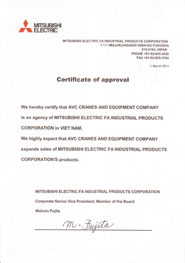 Giấy chứng nhận đại lý của Mitsubishi hoist